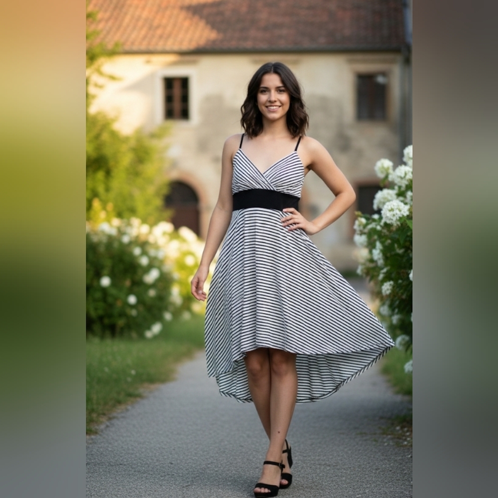 Nella Fantasia Striped Black and White High Low Dress